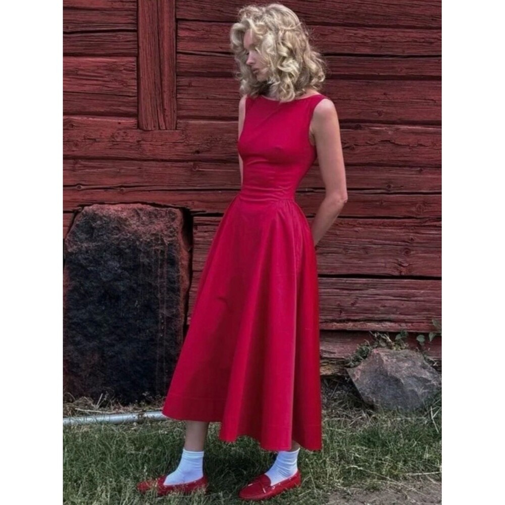 NWOT Helsa Stretch Cotton Sateen Midi Dress in Red Elegant Fit-and-Flare Dress